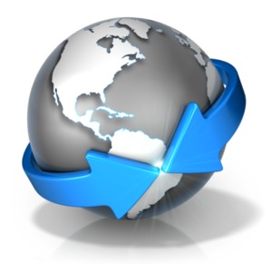 This clipart image shows two arrows wrapping around the globe and meeting together over South America.