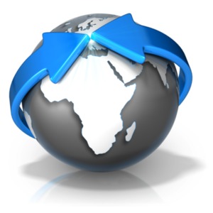 This clipart image shows two arrows wrapping around the globe and meeting together over Europe.