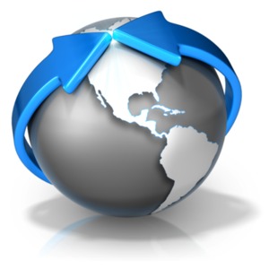 This clipart image shows two arrows wrapping around the globe and meeting together over Canada.