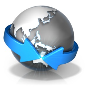 This clipart image shows two arrows wrapping around the globe and meeting together over Australia.