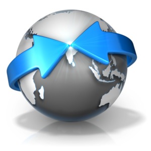 This clipart image shows two arrows wrapping around the globe and meeting together over India.