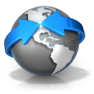 This clipart image shows two arrows wrapping around the globe and meeting together over America.