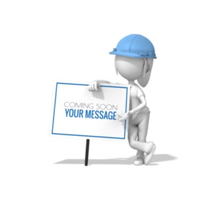 A woman in a hardhat leans against a blank sign. You may add your own message and logo using our on-line tools.