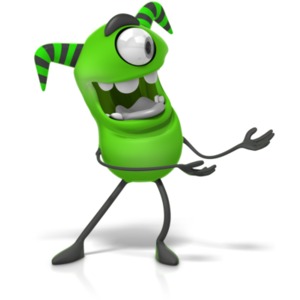 This clip art image shows a cute monster character gesturing to the side.