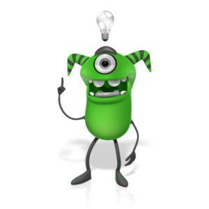 A horned monster character has an idea with a light bulb over its head.