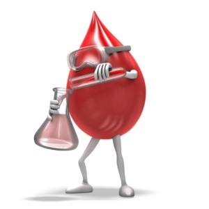 A blood drop 3D figure hold a test tube and flask in this laboratory or medical science concept.