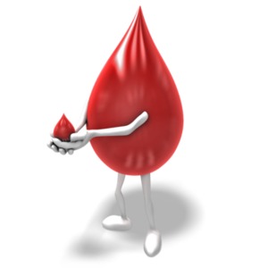 A 3D blood drop figure extends its arms offering a drop of blood in this donation concept.