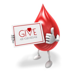 A 3D blood drop character gives a thumbs up while holding a sign. You can add your own message to the sign in this giving blood concept.
