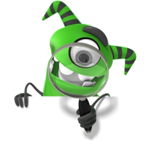 This clipart image shows a cute monster looking through a magnifying glass