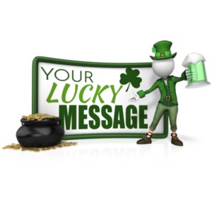 This clip art image shows a leprechaun holding a green beverage in front of a sign customizable sign.