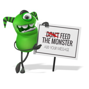 A cute monster characters leans up against a sign. You can customize the message on the sign using our on-line tools.