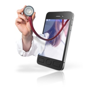 An image of a female doctor&#039;s arm holding out a stethoscope exiting a smart phone.