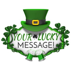 This custom design clipart shows a festive sign with hat on top, shamrocks around it and two beverage glasses.