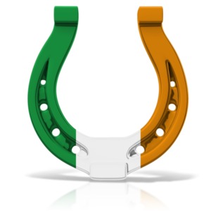 An image of an Irish flag colored horseshoe. 