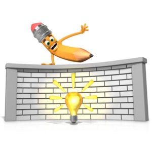 This clipart shows Scribbles the pencil leaping over a wall to get to an idea.
