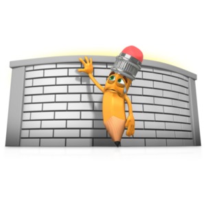 This clipart shows Scribbles the pencil stuck behind a wall, displaying the concept of writers block.