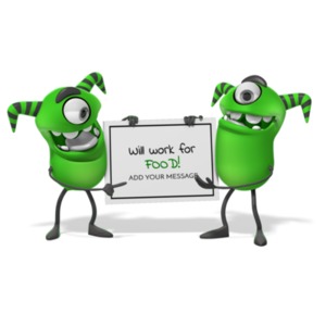 Two monster creatures hold a sign together. You may add your own message to the sign using our on-line tools.