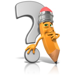 This clip art image shows Scribbles the pencil thinking while leaning on a big question mark.