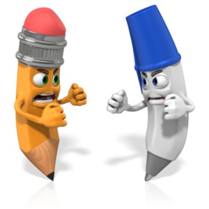 A pen and pencil face off from each other with their fists raised.