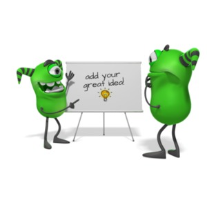 One monster points to a message on a whiteboard while another creature looks on. You may add your own message to the whiteboard using our on-line tools.