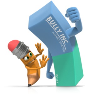 This clip art image shows scribbles the pencil being bullied by a jumbo eraser.