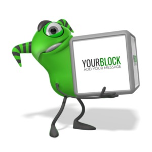 A green presentation monster lifts a heavy building block. You can customize the side of the block with your own message.