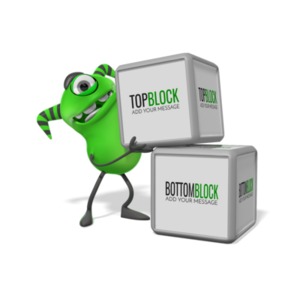 A 3D monster stacks two cubes into a tower. You can add your own message to the side of both the top and bottom block using our on-line tools.