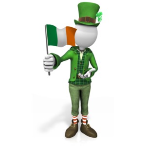 An image of an Irish figure holding the flag of Ireland.