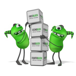 Two presentation monsters build a tower of blocks. You can add your own message to the sides of each block using our on-line tools.