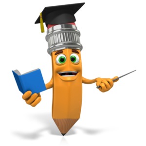 An image of a pencil with graduation hat pointing to the side.