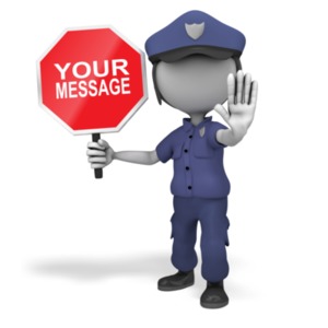 A policewoman stands with a stop sign with a custom message. You can change the message using our on-line tools.