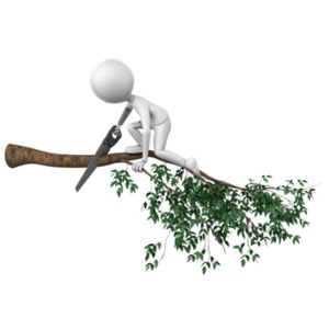 This clip art shows a figure sitting on the wrong side of a branch while cutting it.