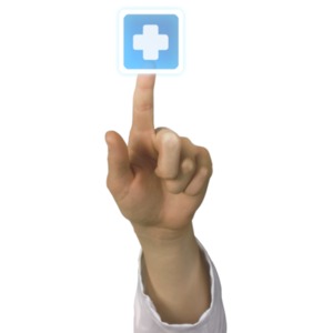 An image of a hand pushing on a hologram cross button.