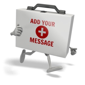 A first aid kit figure running. You can customize the message on the kit using our on-line tools