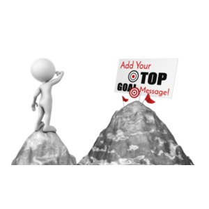 This custom design clip art image shows a figure looking out from a mountain peek onto another peek in the distance which has markers and a custom sign sits on top.