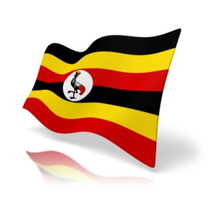 This clip art image shows the Uganda flag at a perspective angle.