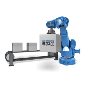 Add your own message to this cube being loaded onto a conveyor belt by a robotic arm.