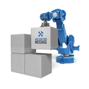A robotic arm stacks blocks. You can add your own message to the block attached to the robots arm using our on-line tools.