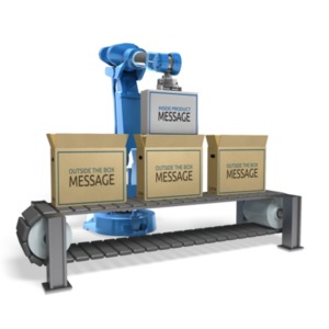A robotic arm places a generic item into a cardboard box. You can change the message on the product and on the cardboard boxes using our on-line tools.