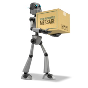 A robot delivers a package. You can change the message on the side of the cardboard box using our on-line tools.
