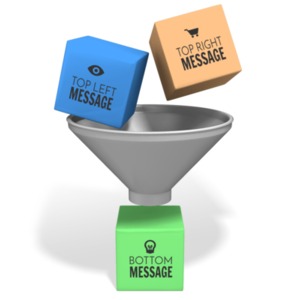 Two items enter the top of a funnel with one new item leaving the bottom of the funnel. You can change the message and the color of each cube using our on-line tools.