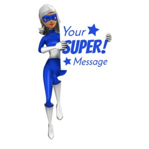This custom design clipart shows a superhero gal fly in holding a customizable sign.