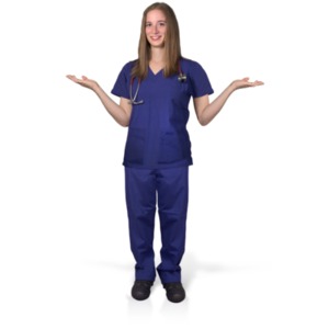 An image of a female nurse presenting to both sides.