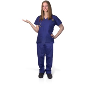 An image of a female nurse presenting to the side.