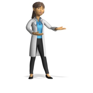 This clip art image shows a female doctor, nurse, scientist, psychiatrist or pharmacist presenting with arms gesturing the the side.