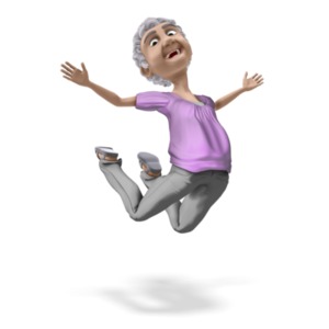 A elderly woman jumps into the air for joy.