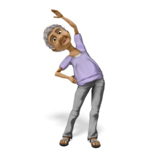 An elderly women stretches and exercises.