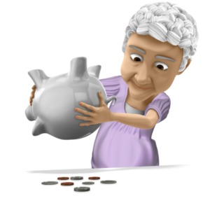 This clip art image shows an elderly woman tipping over a piggy bank which has spilled out little money.