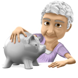 This clip art image shows an elderly lady with hand around a piggy bank.
