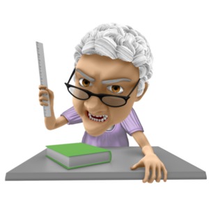 An teacher glares over her desk with a very angry expression 